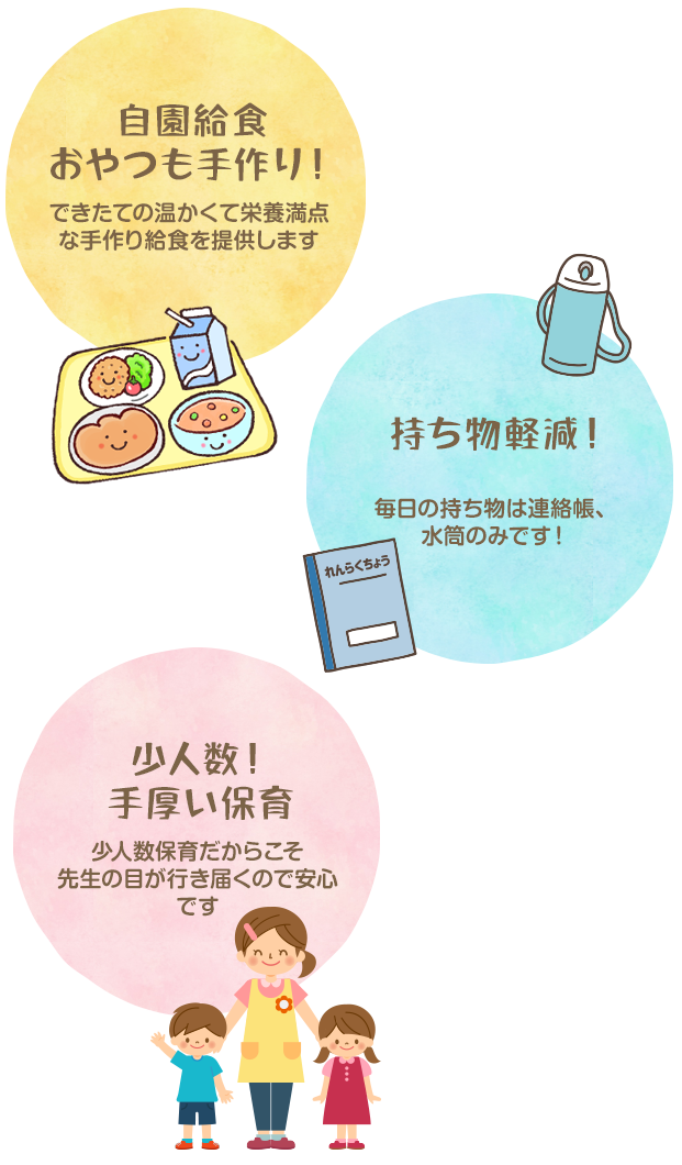 自園給食おやつも手作り！できたての温かくて栄養満点な手作り給食を提供します。持ち物軽減！毎日の持ち物は連絡帳、水筒のみです！少人数！手厚い保育。少人数保育だからこそ先生の目が行き届くので安心です